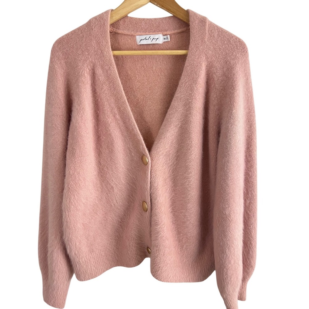 Petal + Pup Cardigan Sweater Women M/L Pink Fuzzy Wool Blend V-Neck Button Up
